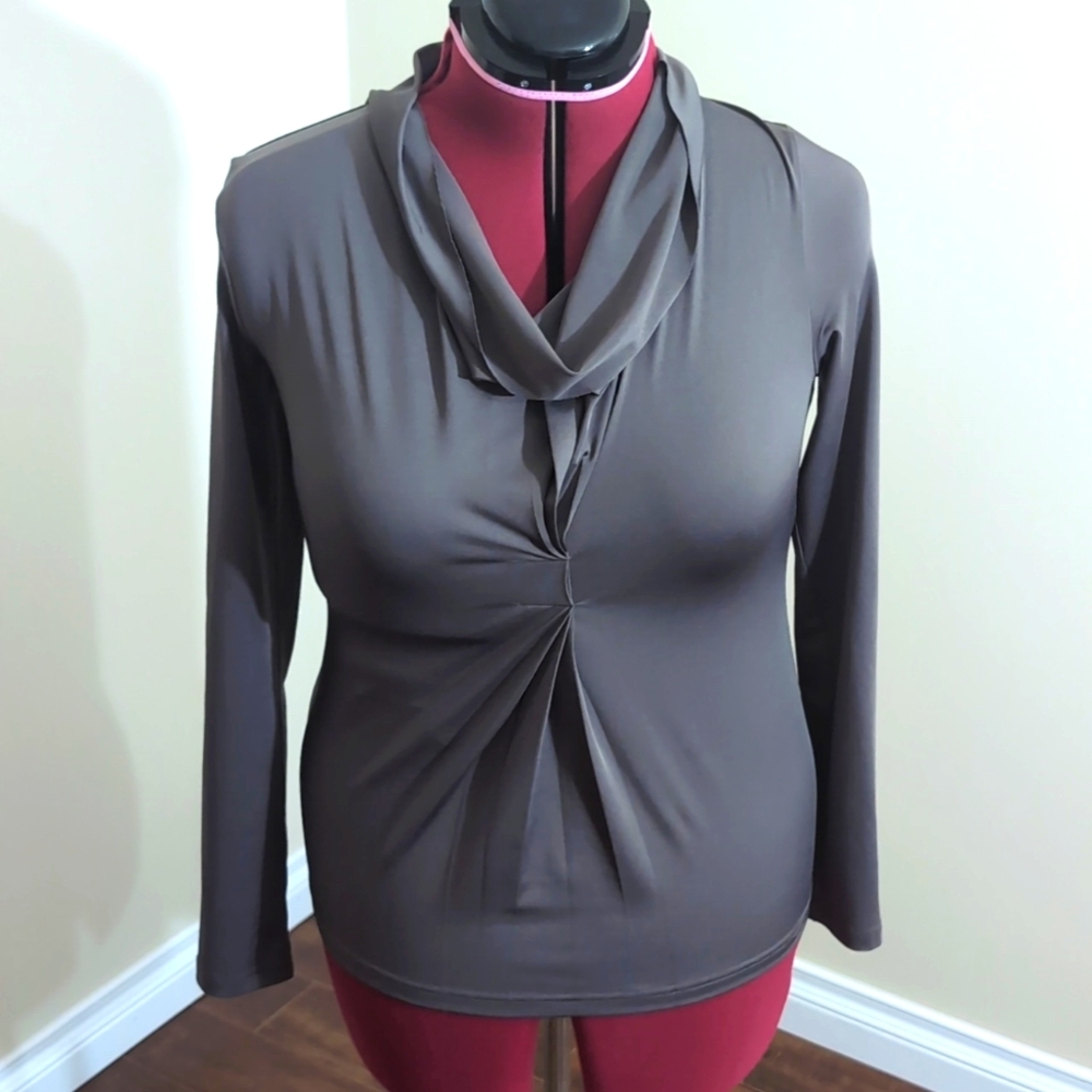 Sandra Angelozzi| Grey Cowl Neck Long Sleeve Stretch Blouse